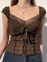 Short Sleeve V-Neck Bow-Accent Lace-Trim Textured Crop Top